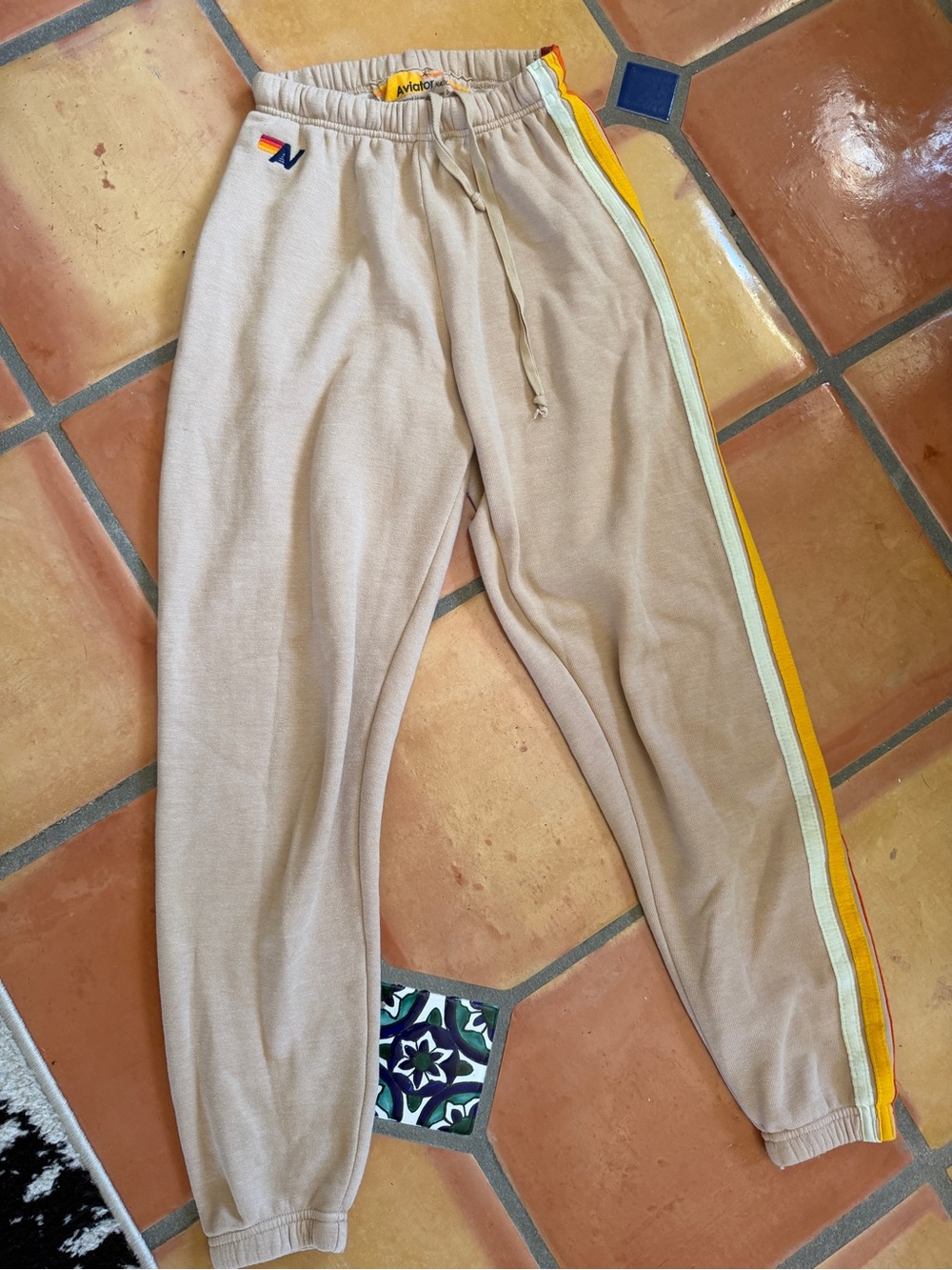 Aviator Nation Beige Track Pants with Rainbow Side Stripes - Picture 7 of 7